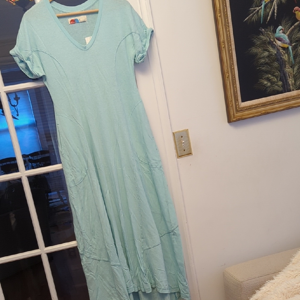 NWT Free People FP Beach Aqua V-Neck Maxi Short Sleeve Dress Size XS